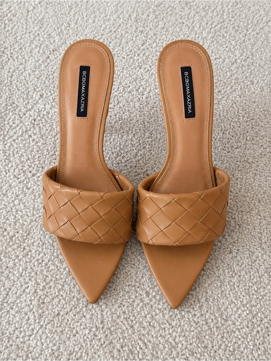 BCBGMaxAzria Shoes - BCBGMaxAzria Tan Woven Pointed Mules